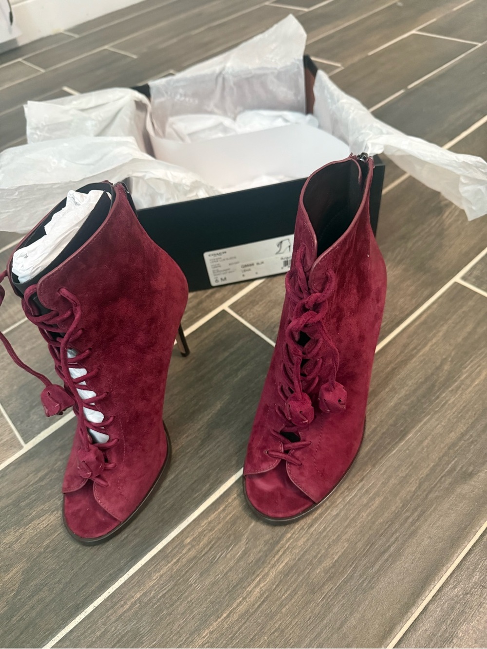 Coach Burgundy Suede Lace-Up Open-Toe Heels